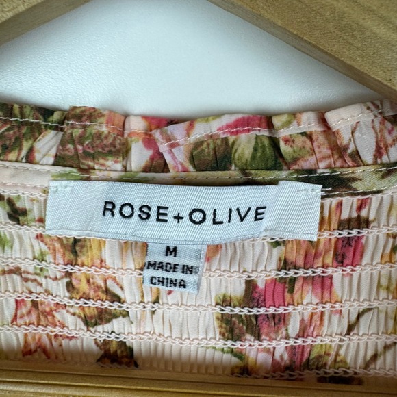 Rose + Olive Floral Smocked‎ Peasant Blouse Medium Lightweight Boho Tassel Tie - Picture 5 of 9